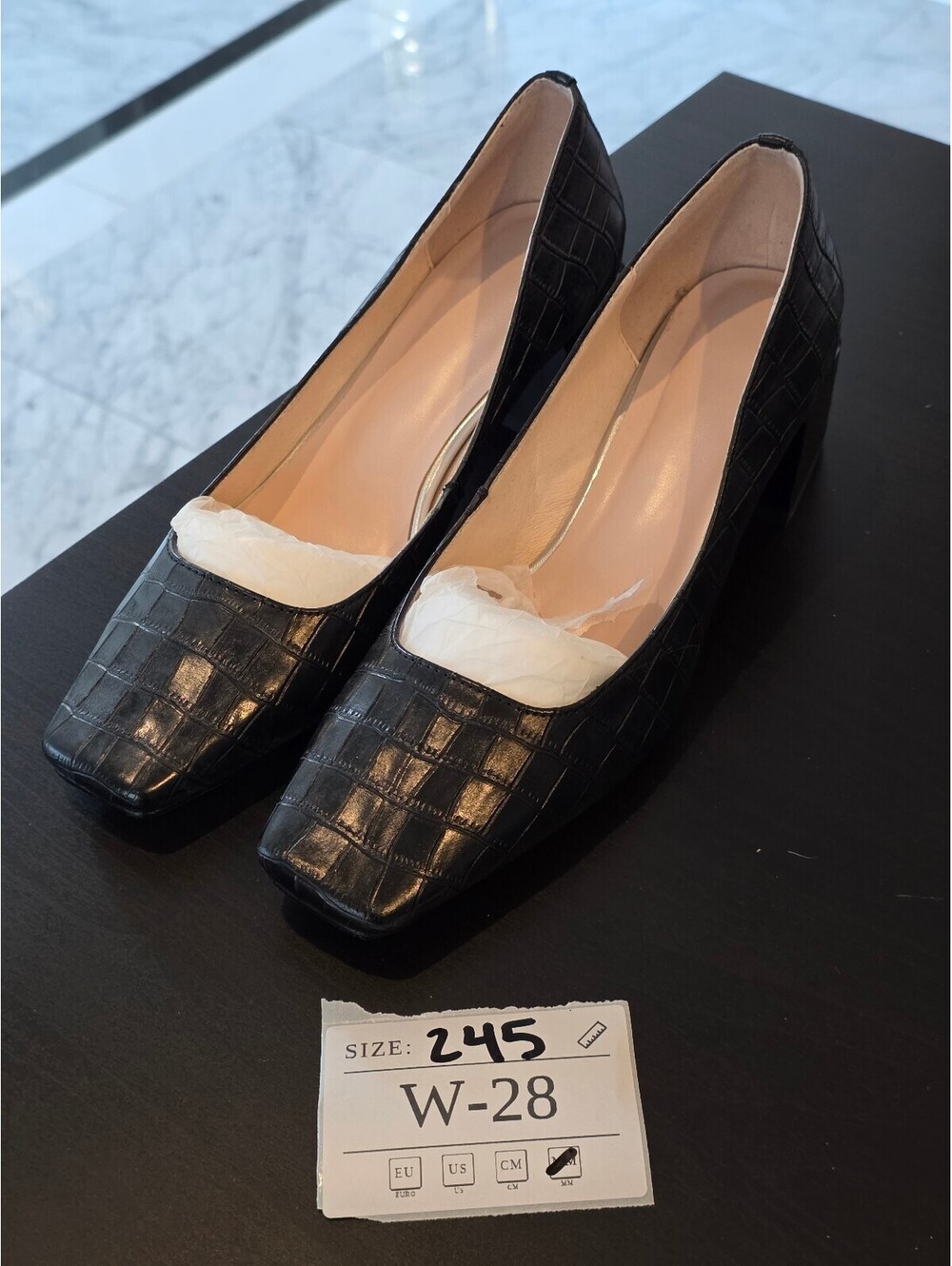 Women's Black Croc Embossed Heels Square Toe